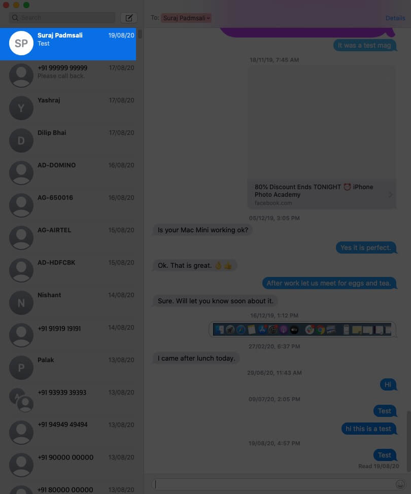 click on conversation in messages app on mac