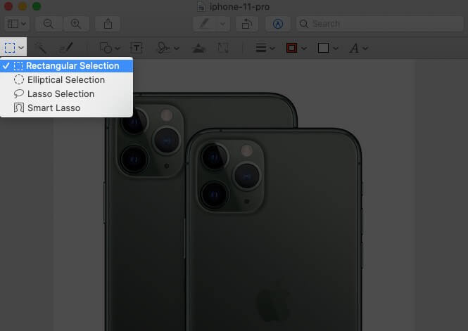 click on square icon to open selection tools in preview app on mac