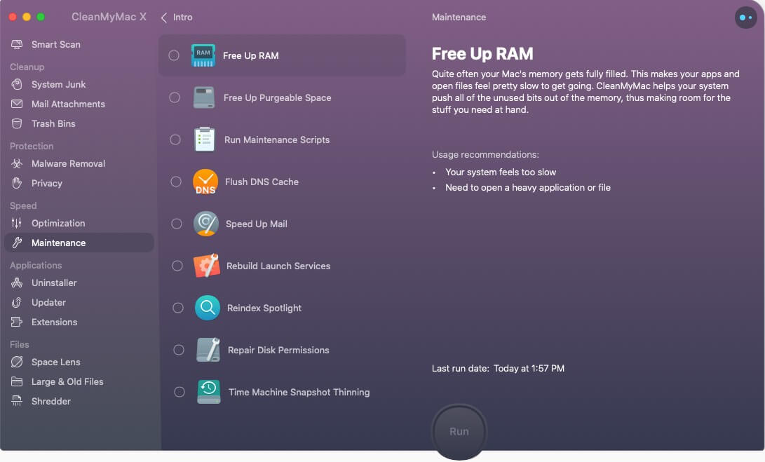 Free up RAM using CleanMyMac X