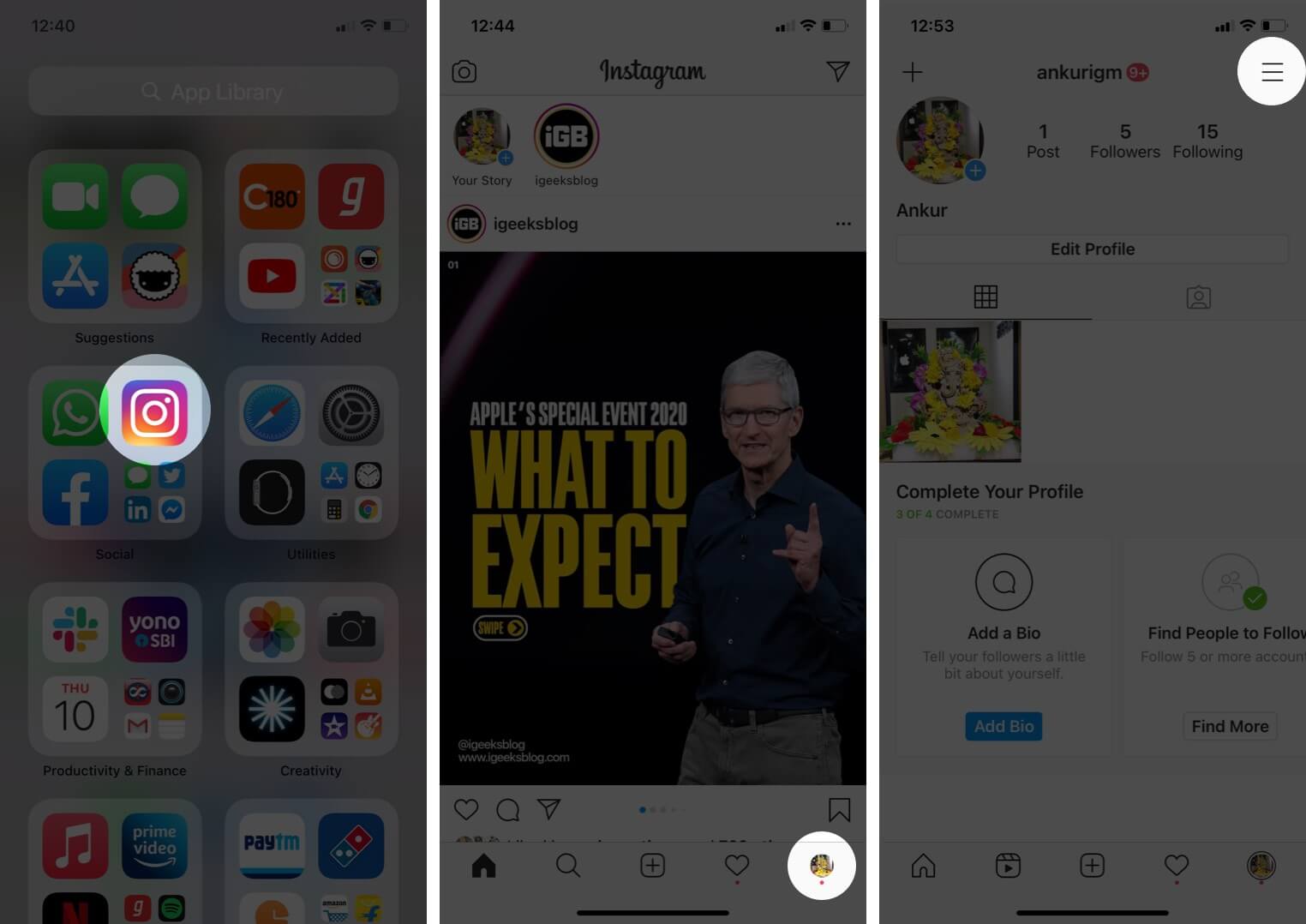 launch instagram app tap on profile and then tap on hamburger icon on iphone