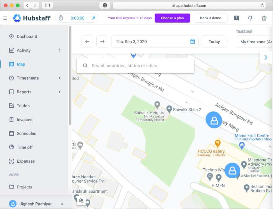 map tracking feature for remote employee using hubstaff time tracking