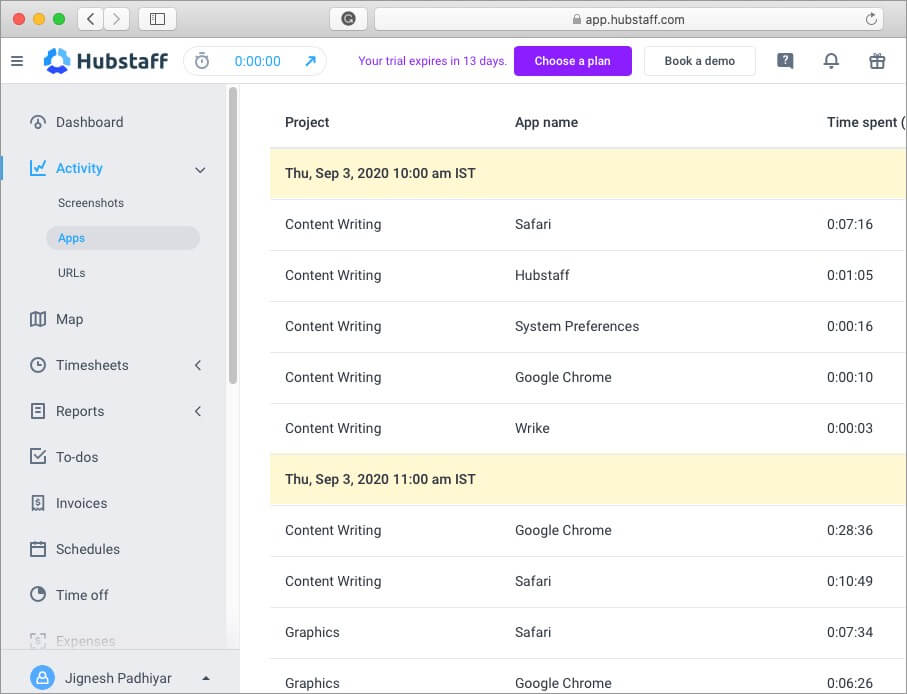 monitor apps using by employee with hubstaff tracking software