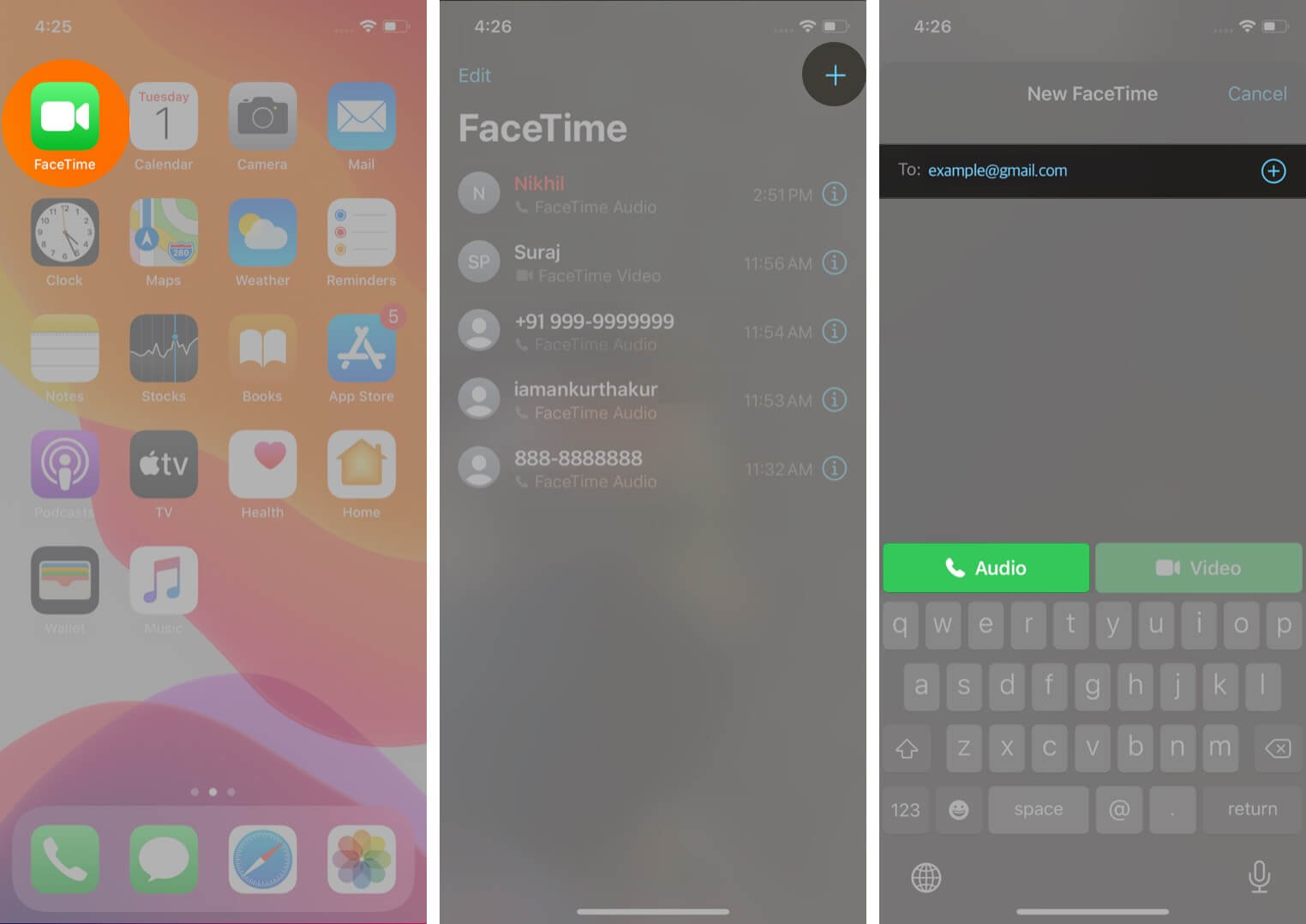 open facetime tap on plus and add contact to make facetime audio call on iphone
