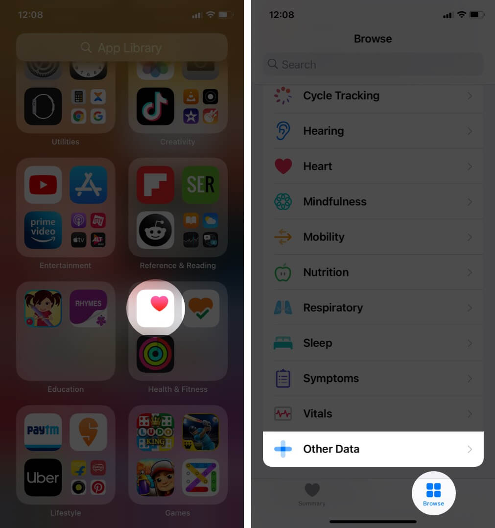 open health app tap on other data on browse tab on iphone