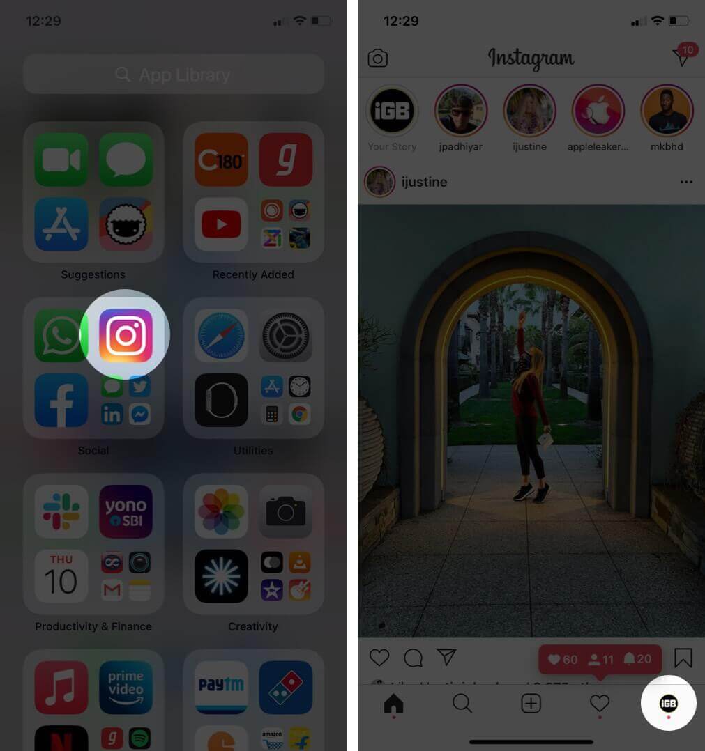 open instagram app on tap on profile on iphone