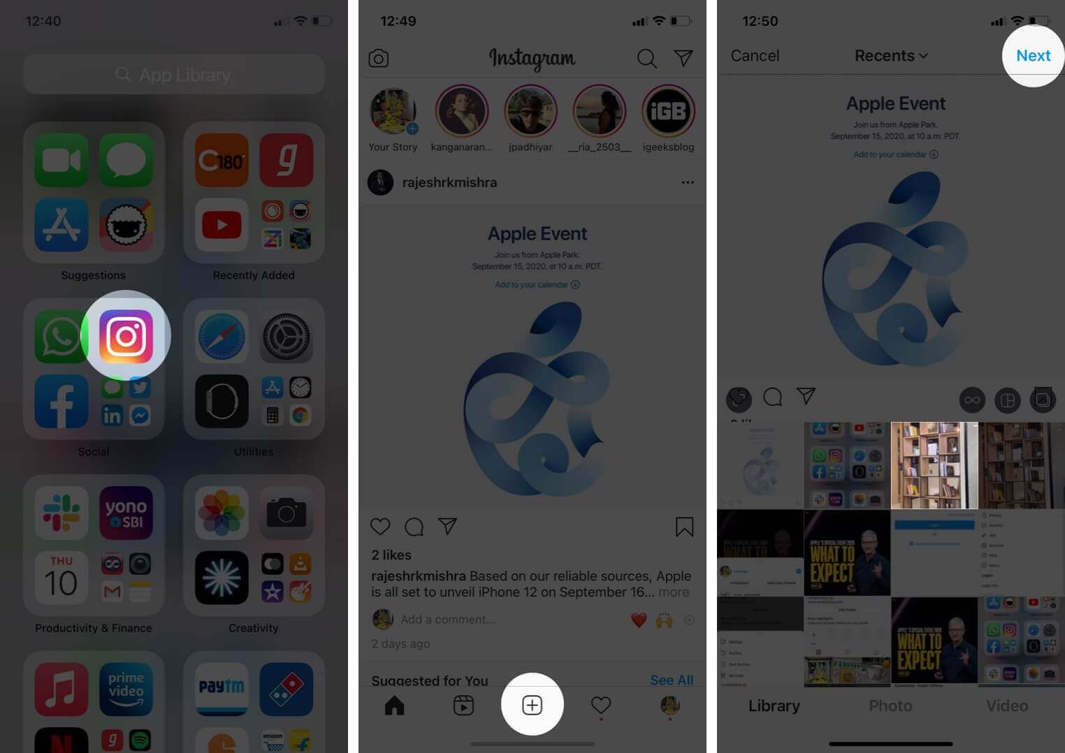 open instagram app tap on plus select photo and tap on next on iphone