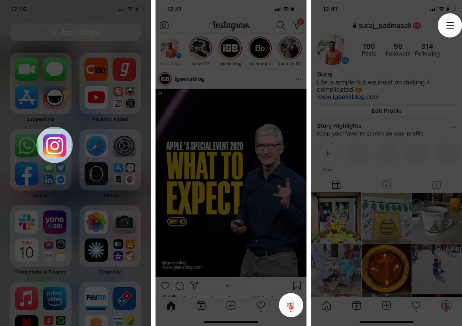 open instagram app tap on profile and then tap on three lines icon on iphone