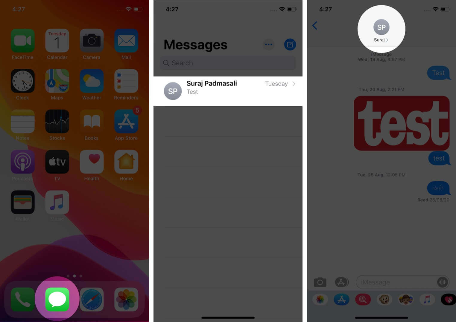 open messages app tap on conversation and then tap on contact name on iphone