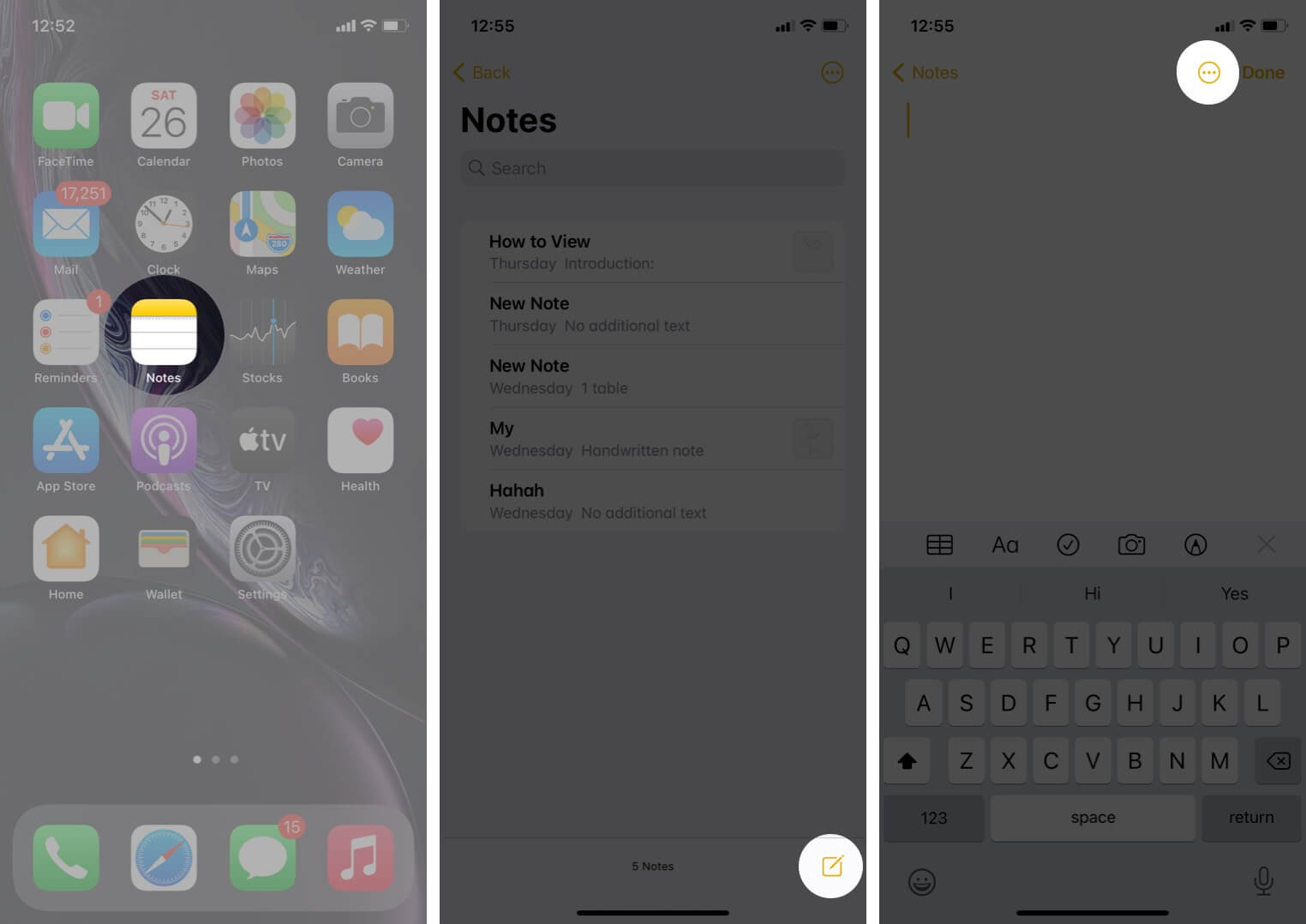 open notes app tap on create note and then tap on three dots icon on iphone