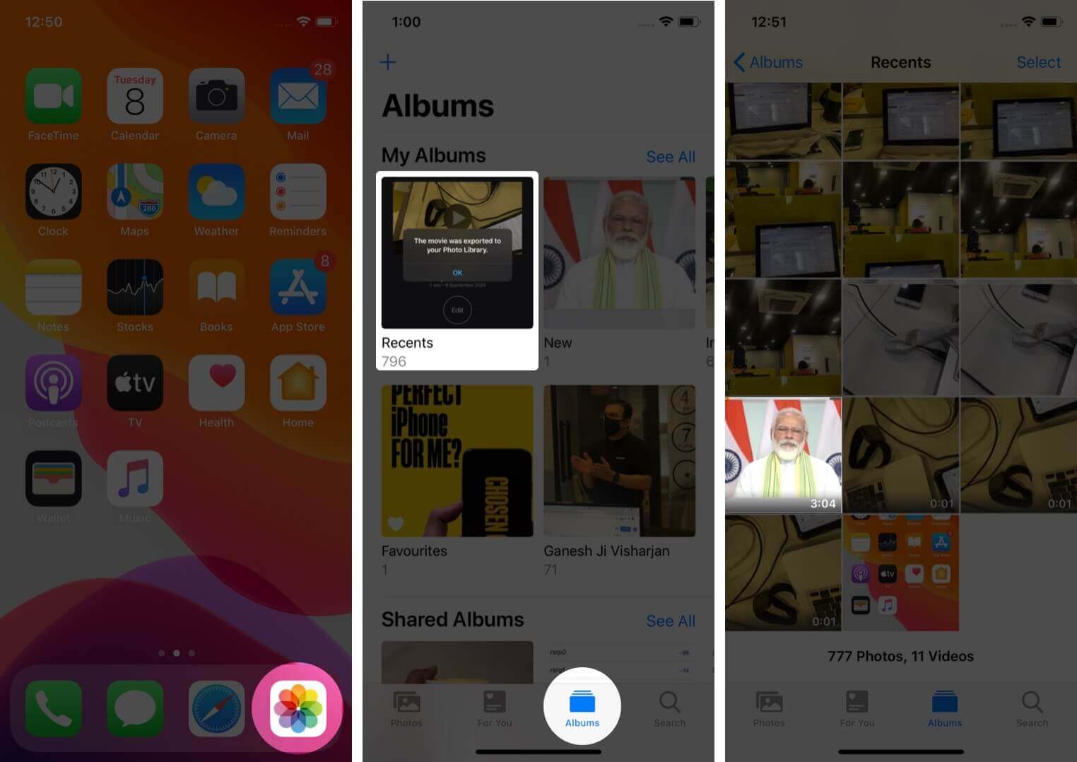 open photos app select album and tap on video on iphone