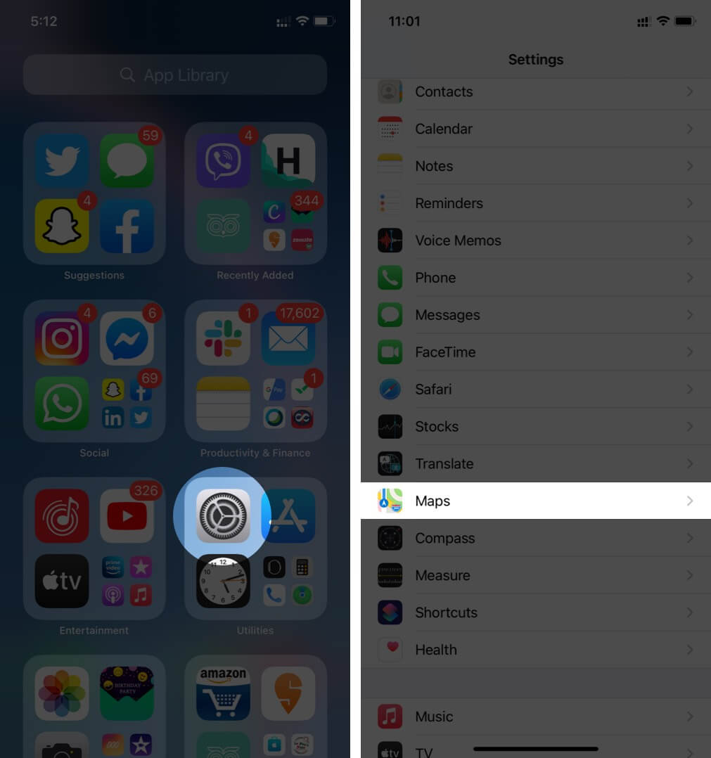 Open Settings and Tap on Maps on iPhone