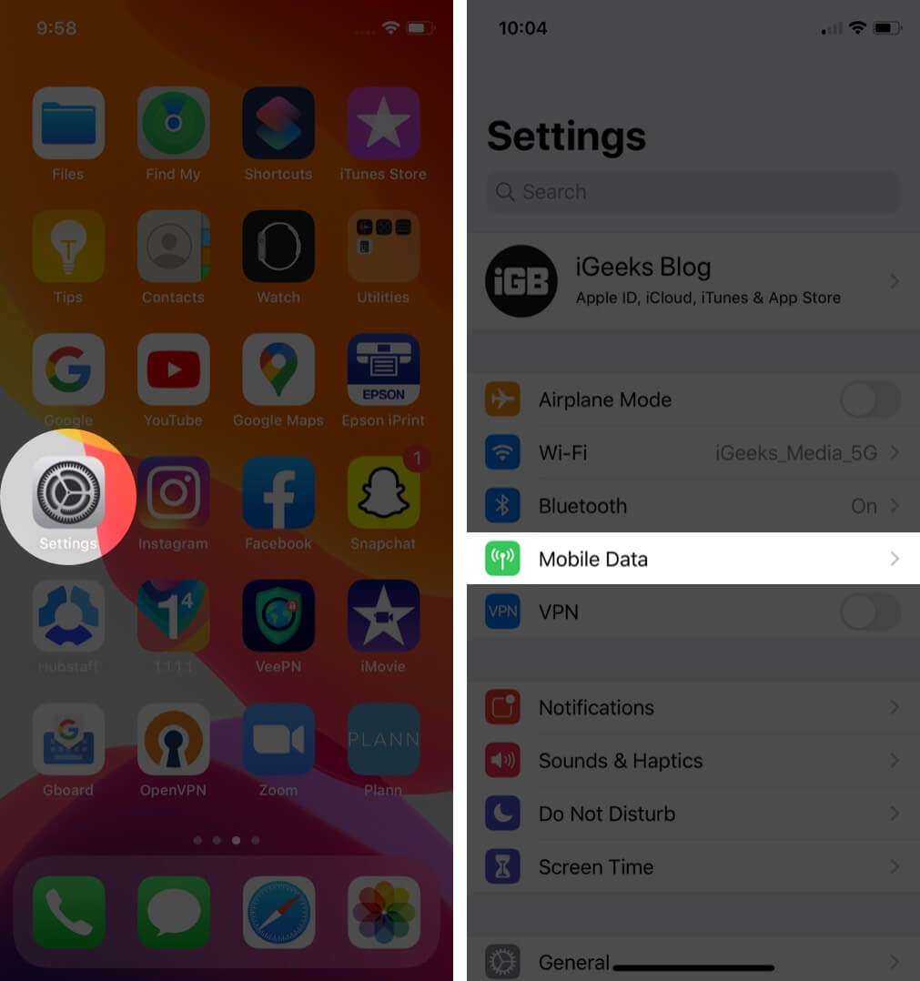 откройте настройки и нажмите на мобильные данные на iphone