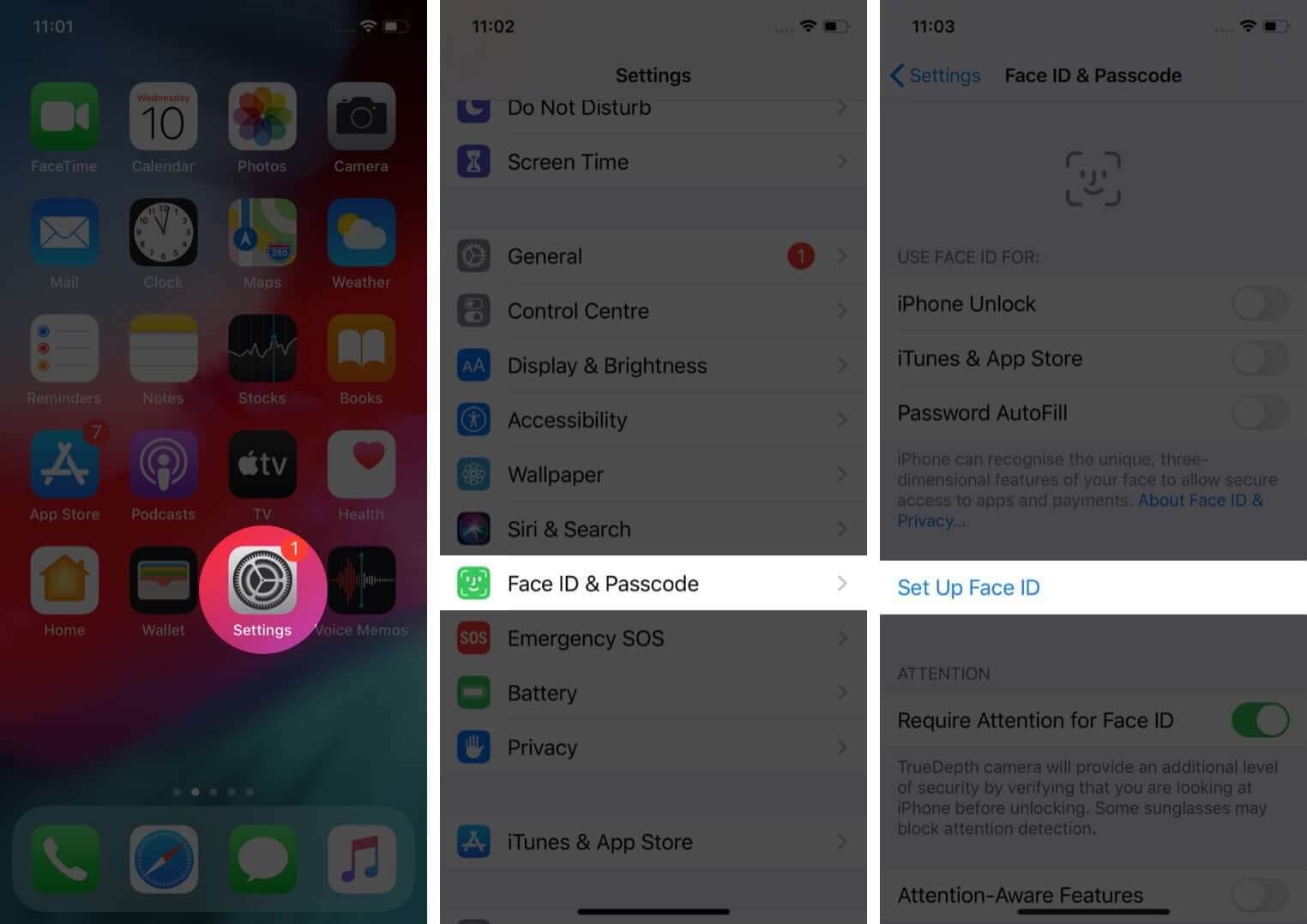 open settings tap on face id & passcode and then tap on set up face id on iphone