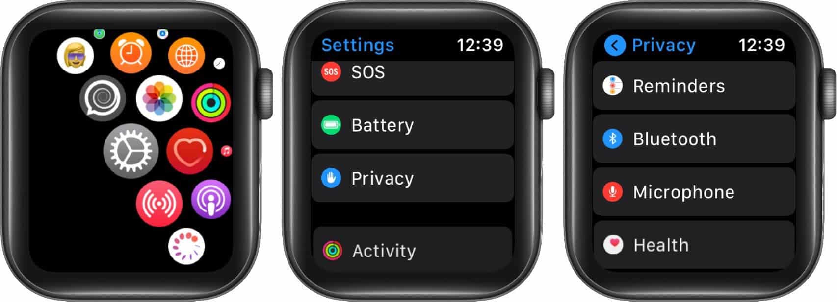 open settings tap on privacy and then tap on microphone on apple watch