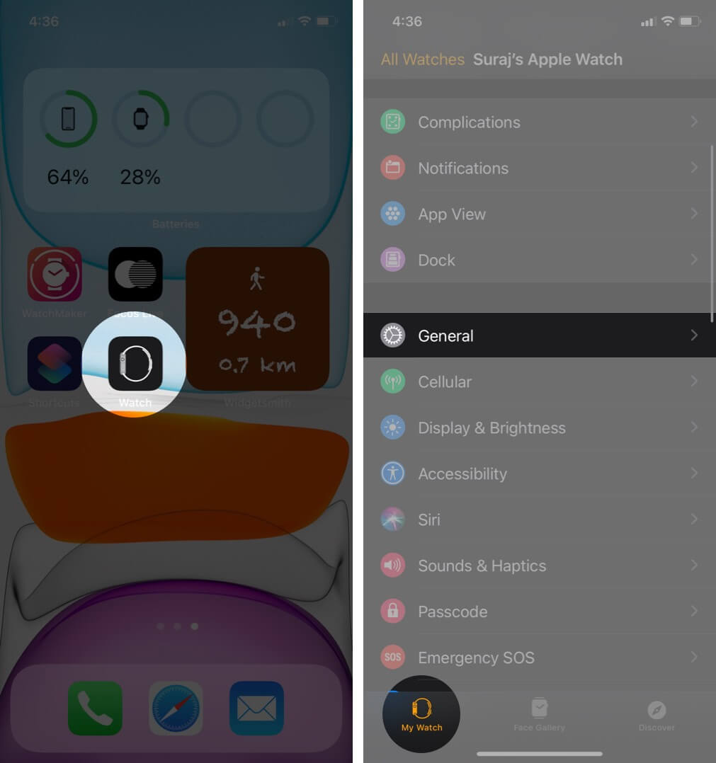 open watch app tap on my watch tab and select general on iphone