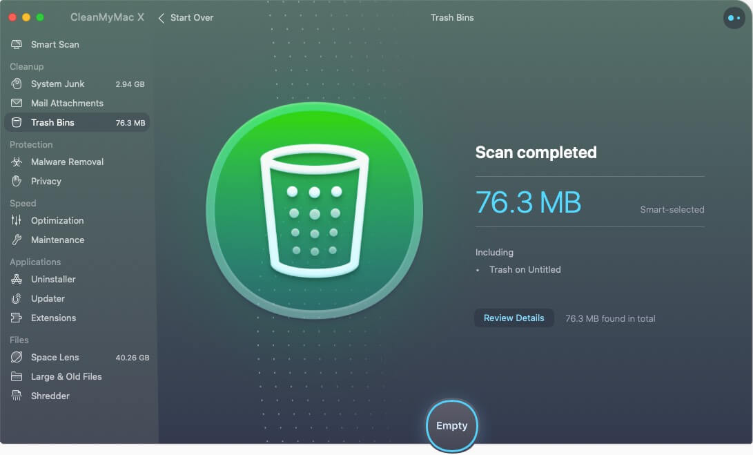 Remove all trashes and empty mac's bin with just one click using CleanMyMac X