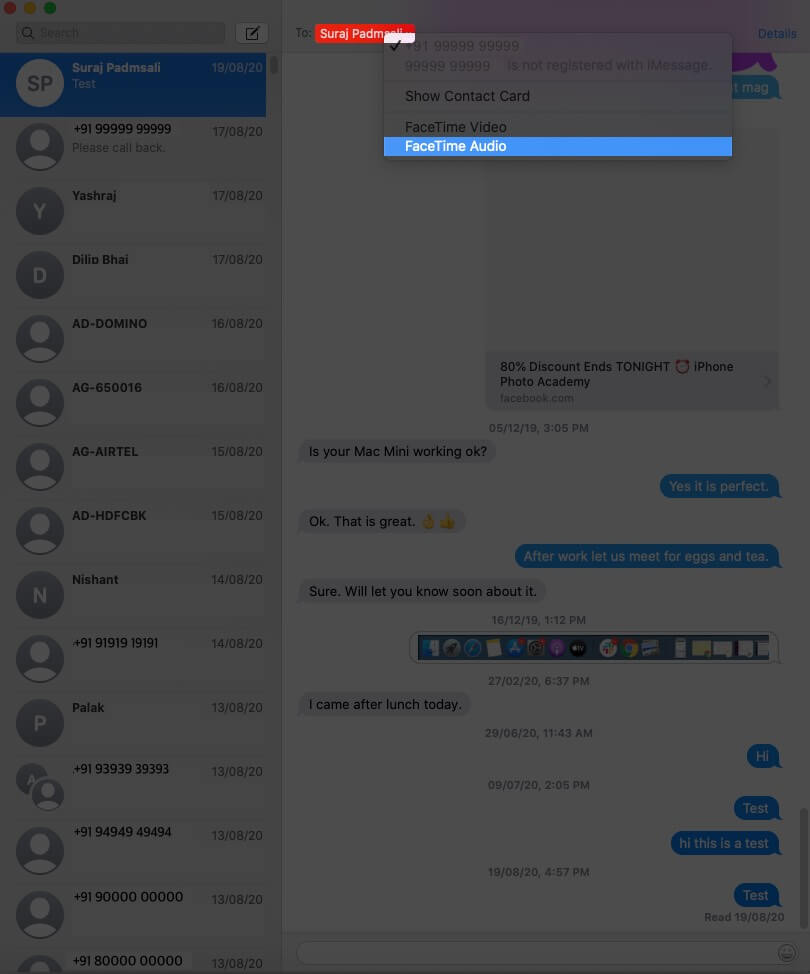 right click on contact name and select facetime audio on mac