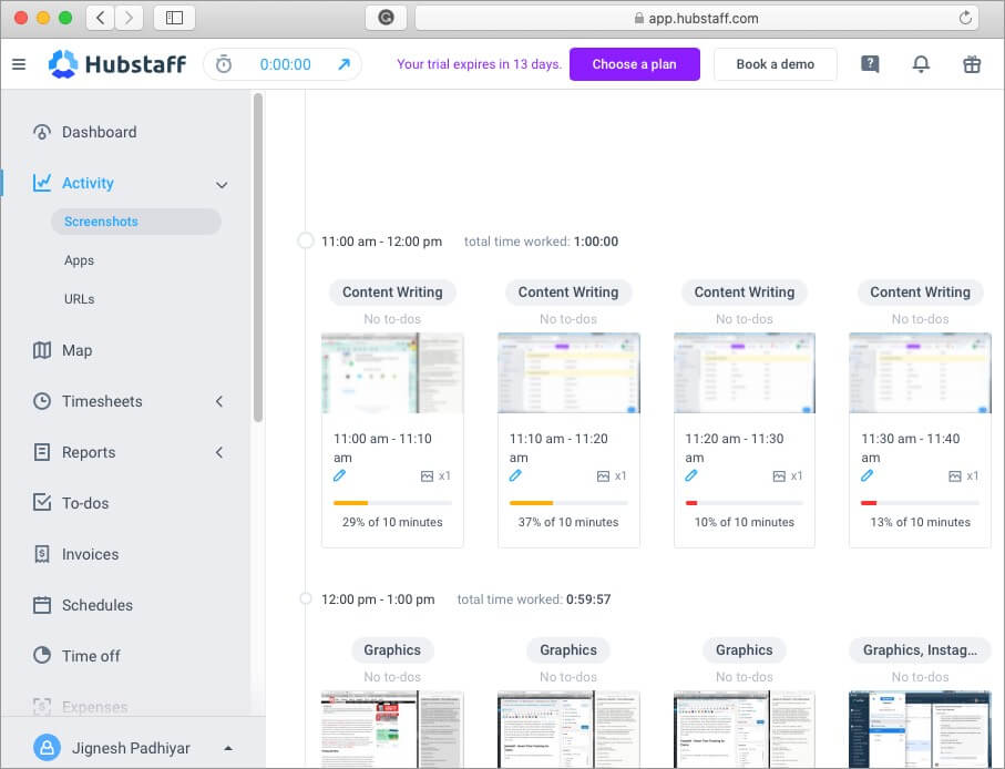screenshots of employee's activity using hubstaff time tracking software