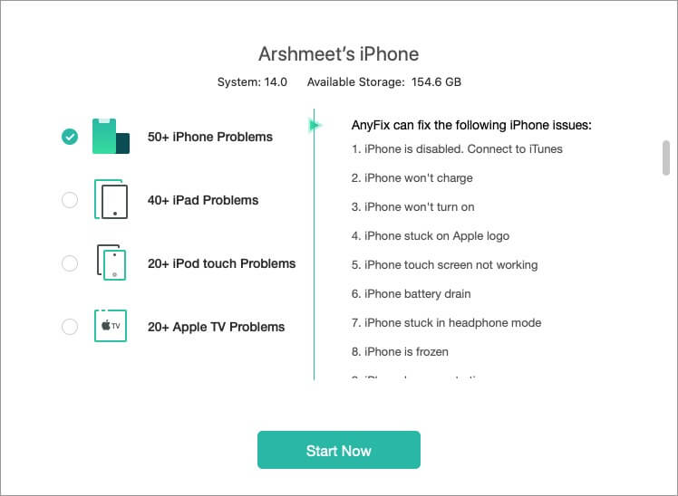 select 50+ iphone problems and click on start now
