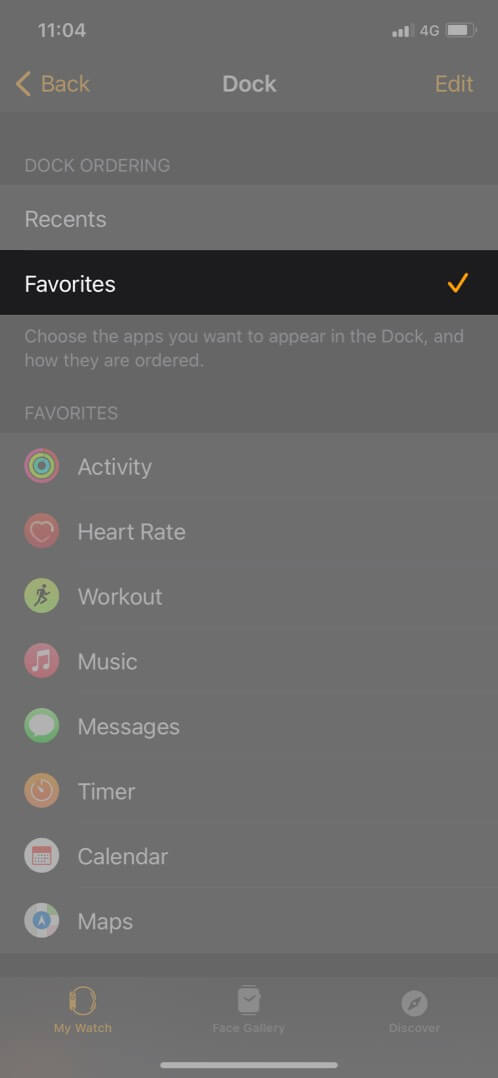 select favorite in watch app on iphone to view favorite apps in dock on apple watch