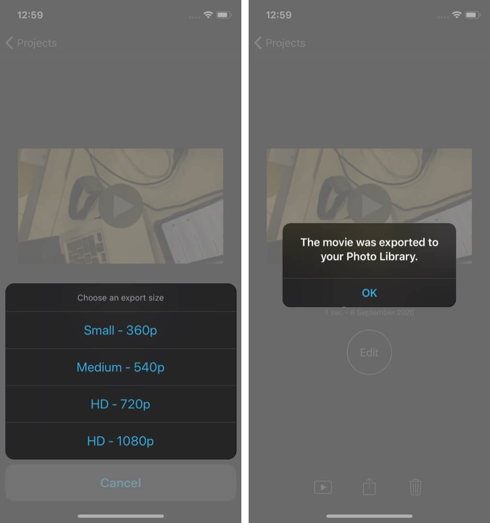 select video resolution and tap on ok to save video in photos app on iphone
