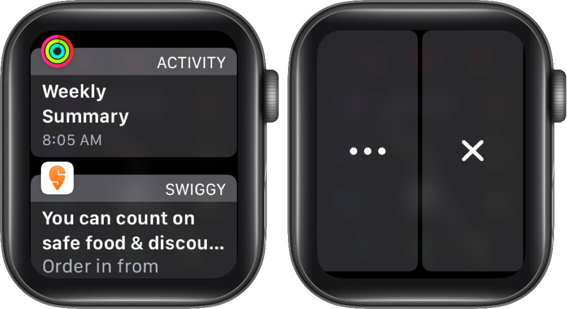 swipe left on notification and tap on x to delete nofitication on apple watch