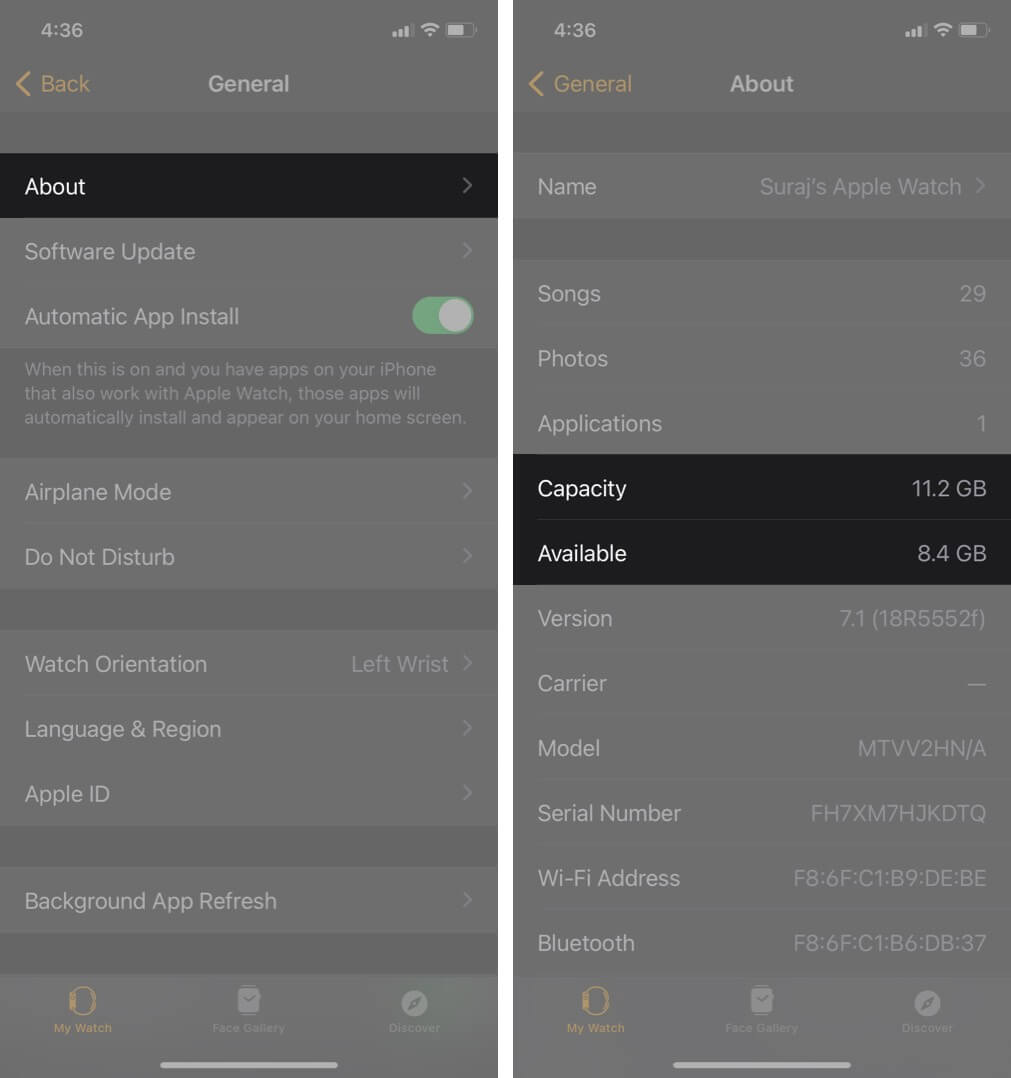 tap on about to check apple watch storage in watch app on iphone