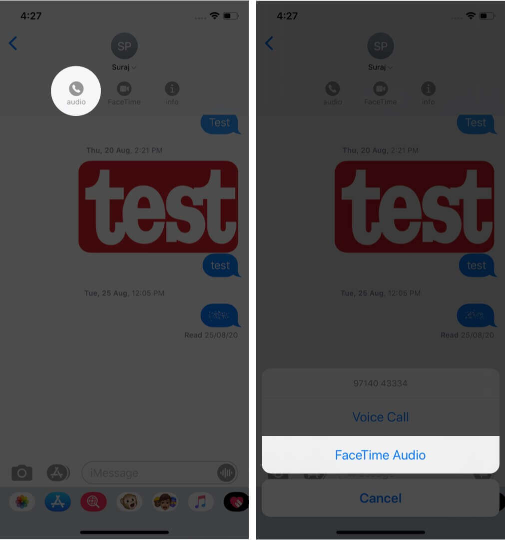 tap on audio and select facetime audio to do facetime audio call using messages app on iphone