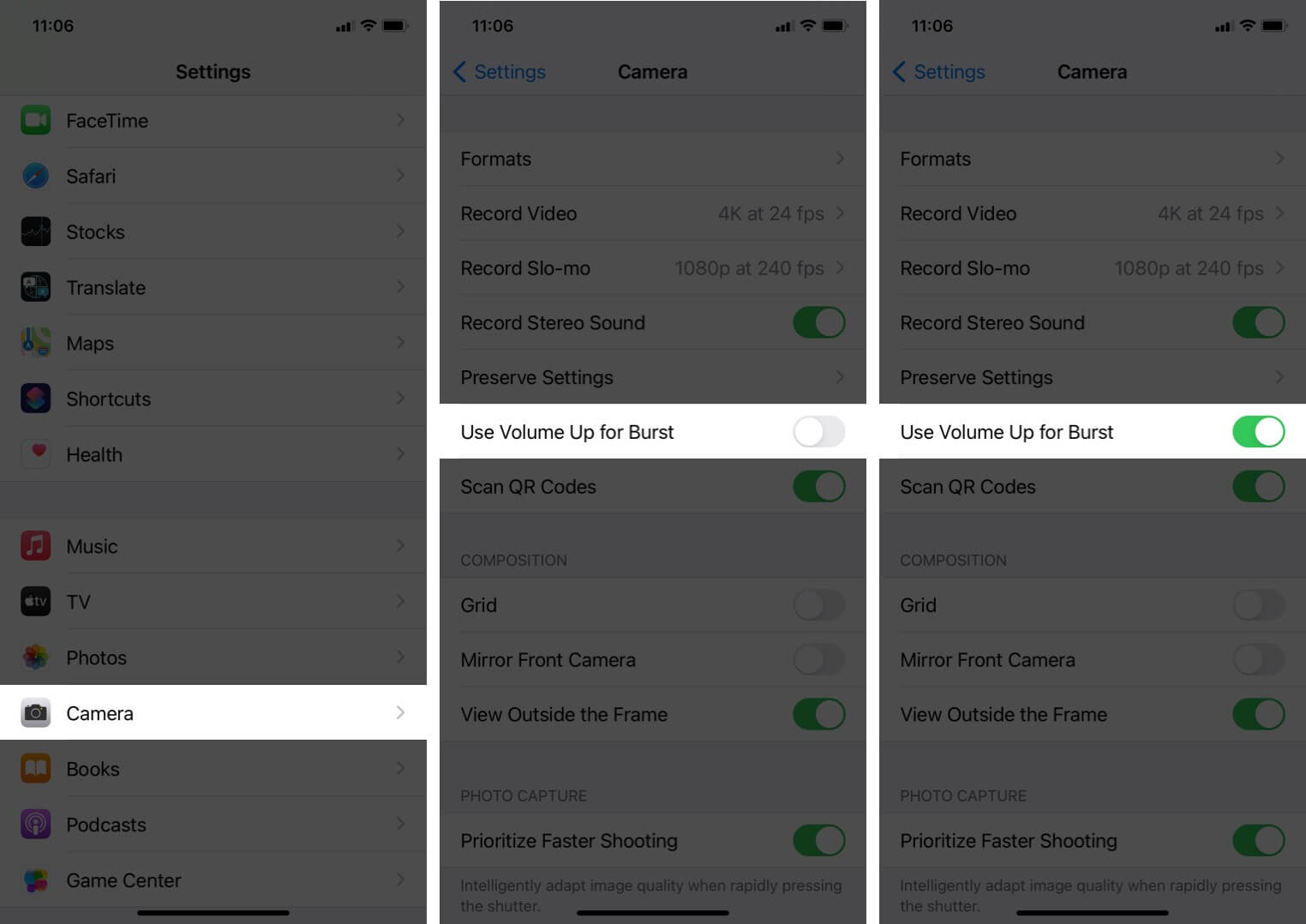tap on camera in settings and enable use volume up for burst on iphone 11 running ios 14
