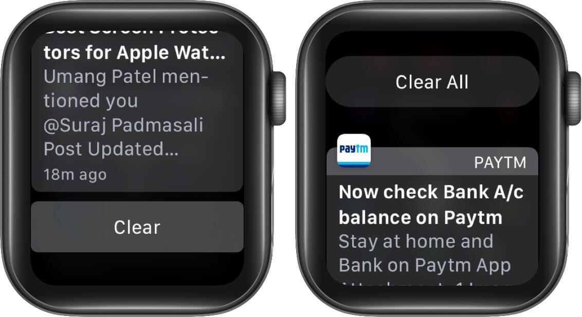 tap on clear and then tap on clear all to delete multiple notifications on apple watch