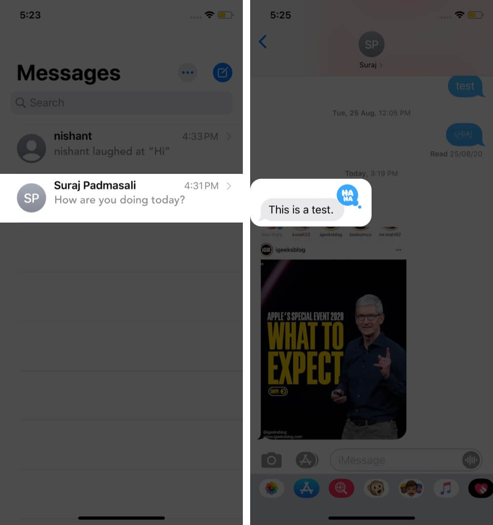 tap on conversation and long press on message with expression in imessage app on iphone