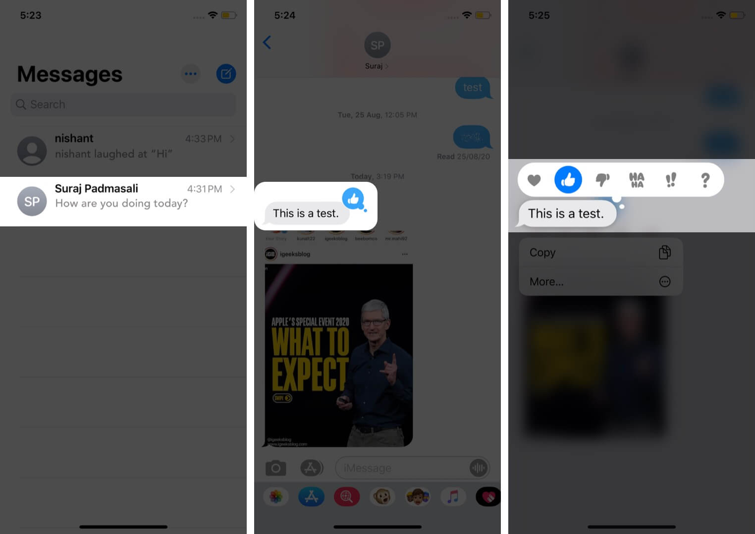 tap on conversation and long press on message you reacted in messages app on iphone