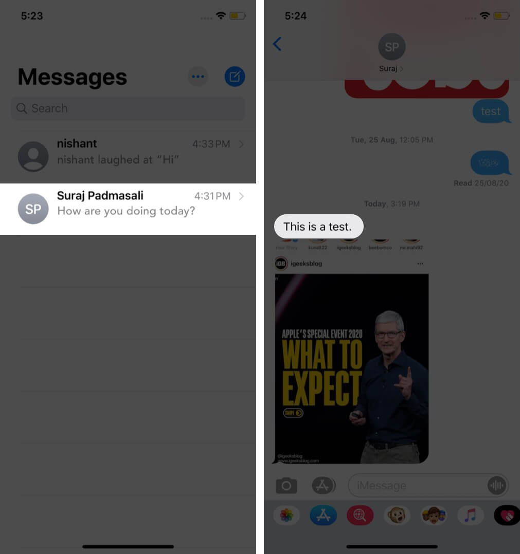tap on conversation and then long press on message in messages app on iphone