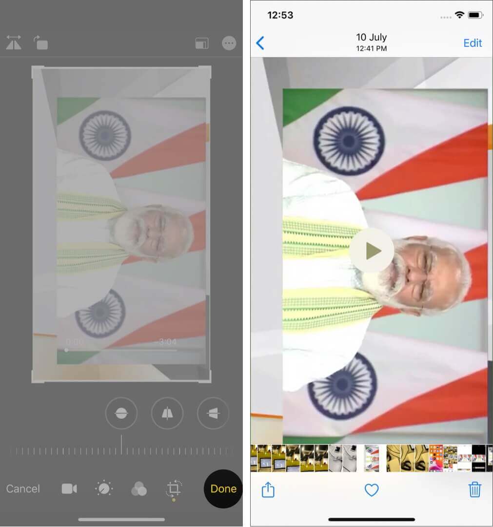 tap on done to rotate a video on iphone running ios 13