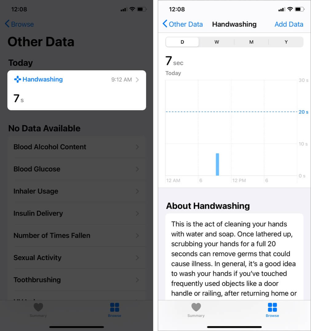 tap on handwashing to see handwashing data in health app on iphone running ios 14