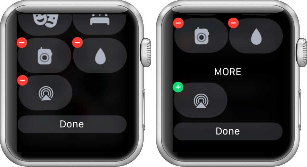 tap on minus and tap on done to remove control center toggles on apple watch running watchos 7