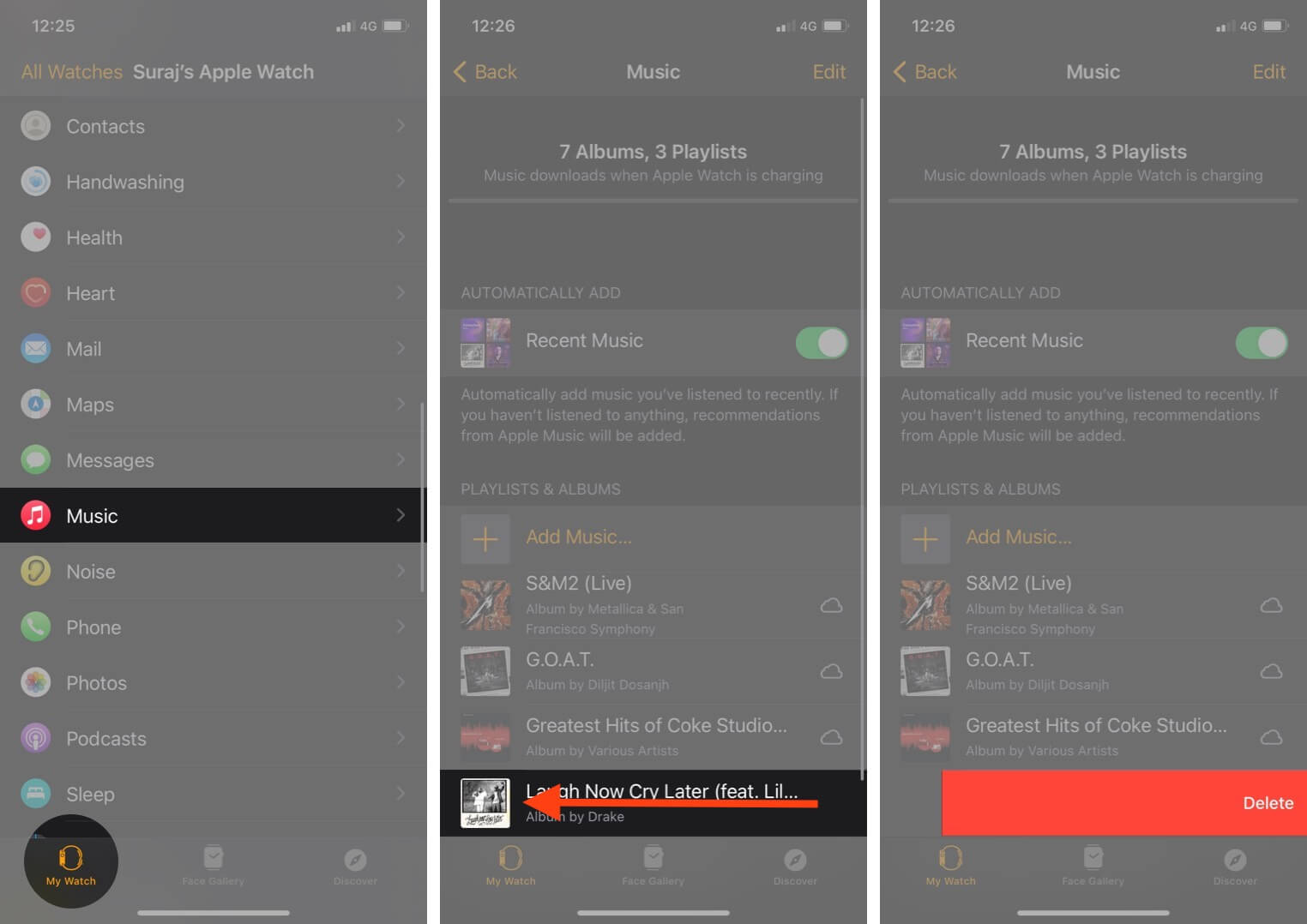 tap on music app in my watch tap then swipe left on item and tap on delete in watch app on iphone
