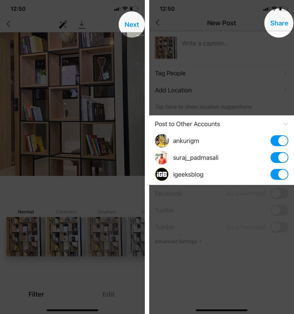 tap on next select accounts and tap on share to post on multiple instagram accounts on iphone