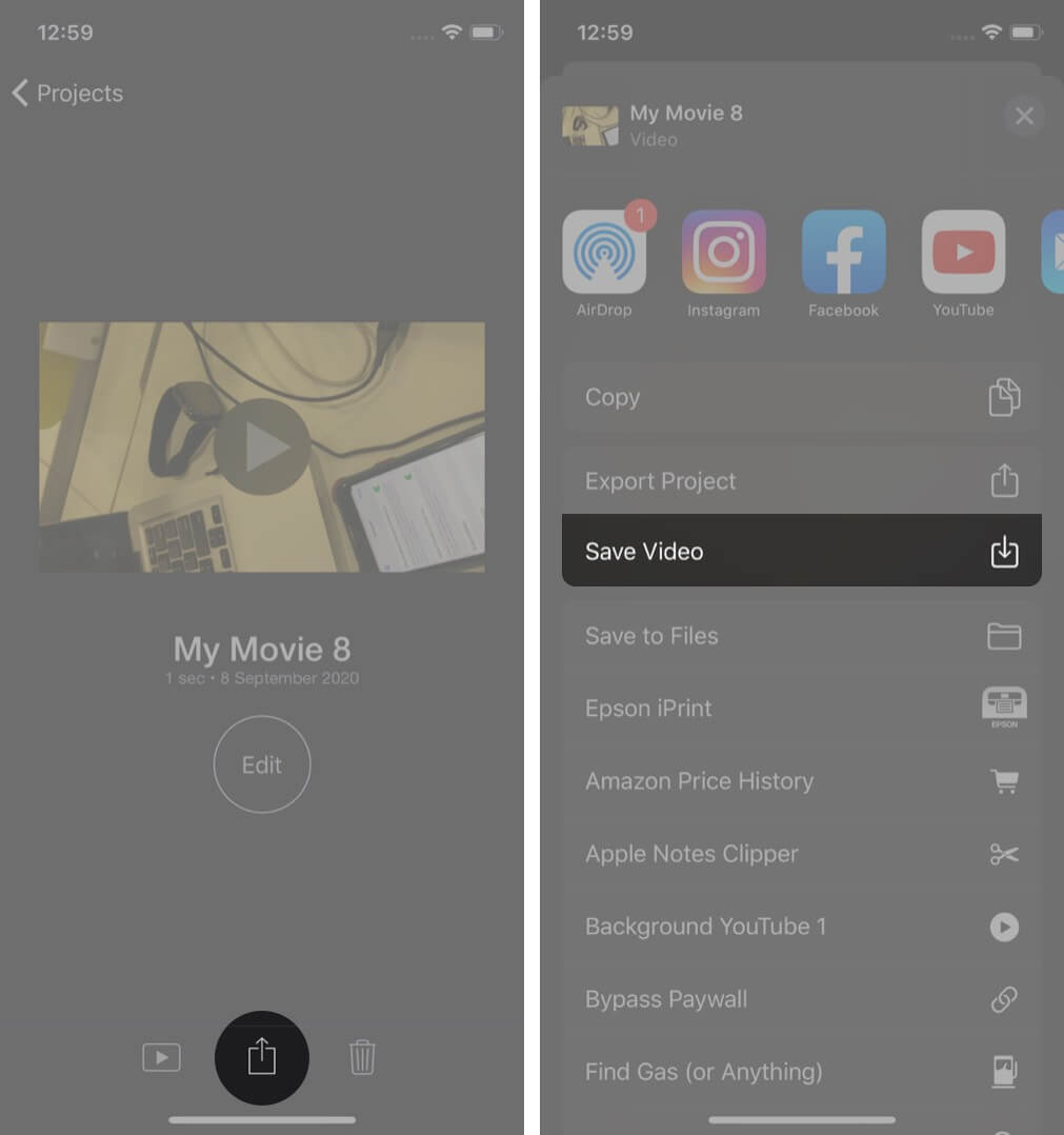 tap on share and select save video in imovie app on iphone