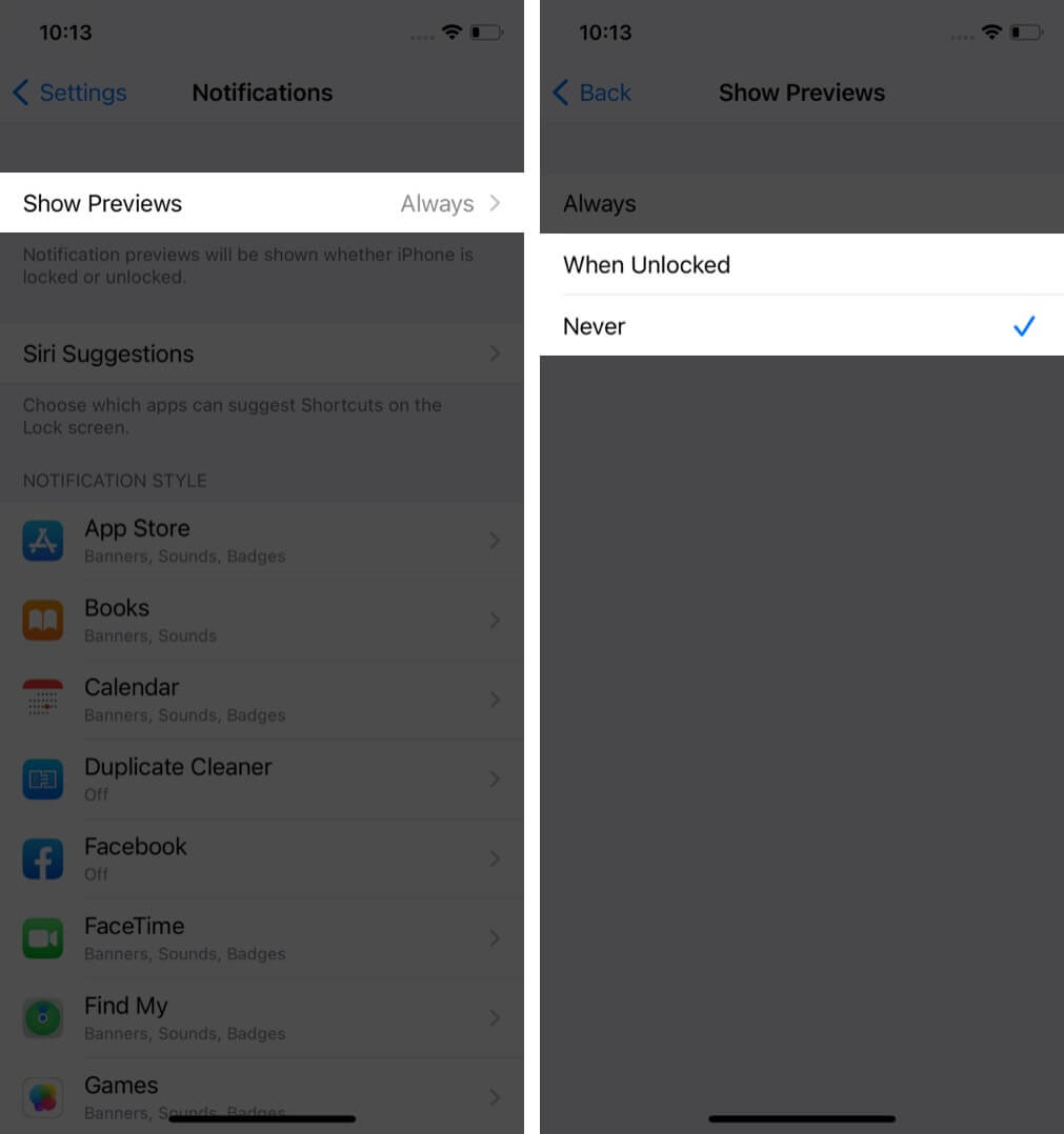tap on show previews and choose option to disallow notifications on iphone