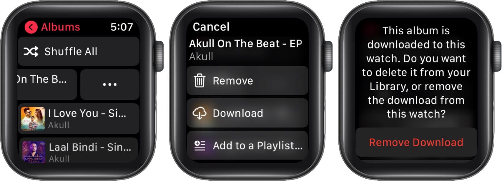 Tap on three dots tap on remove to delete music to free up space in apple watch tap on three dots and tap on remove to delete music to free up space in apple watch