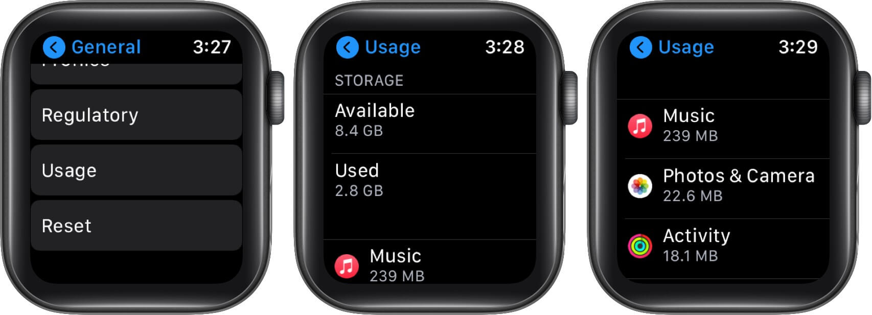 tap on usage to check storage on apple watch