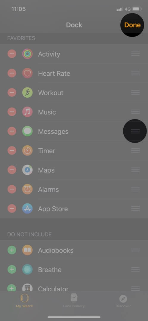 touch and hold three lines icon and drag app then tap on done to organize apple watch dock