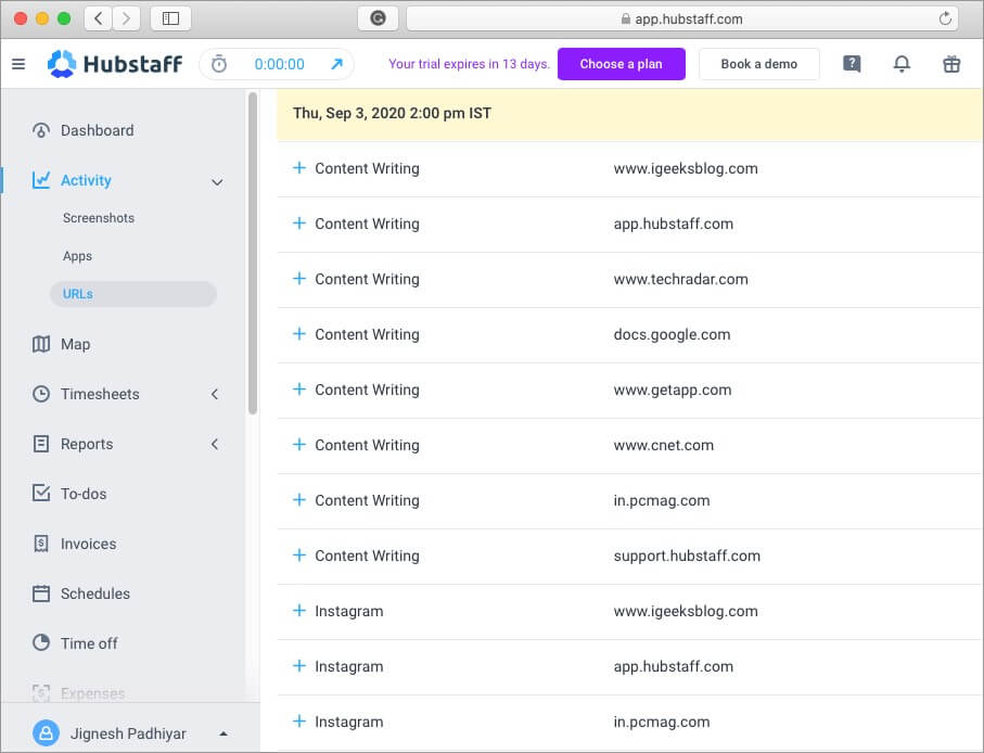 track websites employee visits while working using hubstaff software