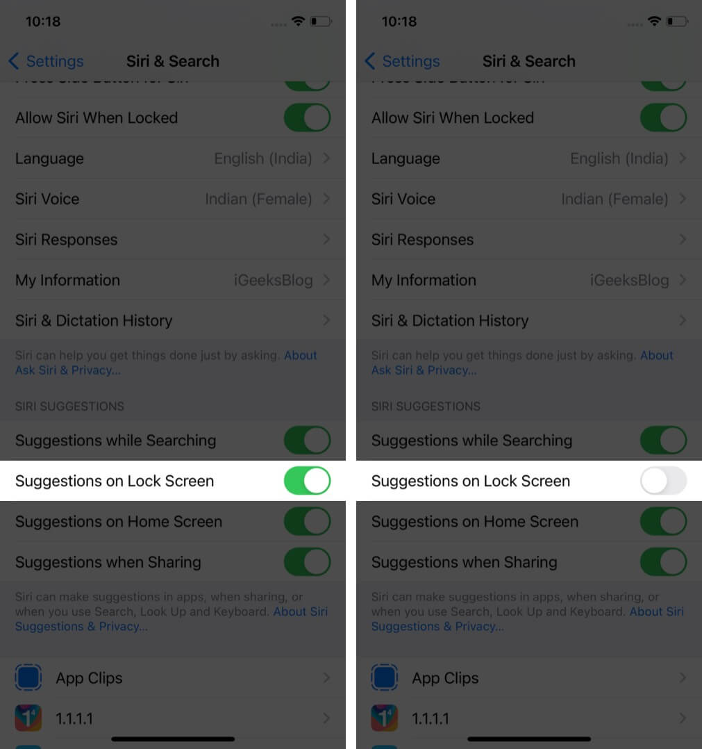 turn off siri suggestions on lock screen in iphone settings