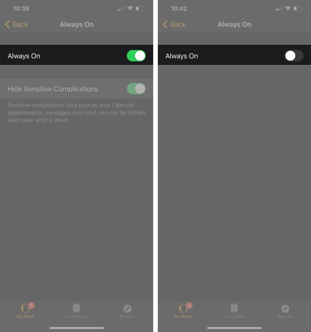 turn off toggle to disable always on display in watch app on iphone