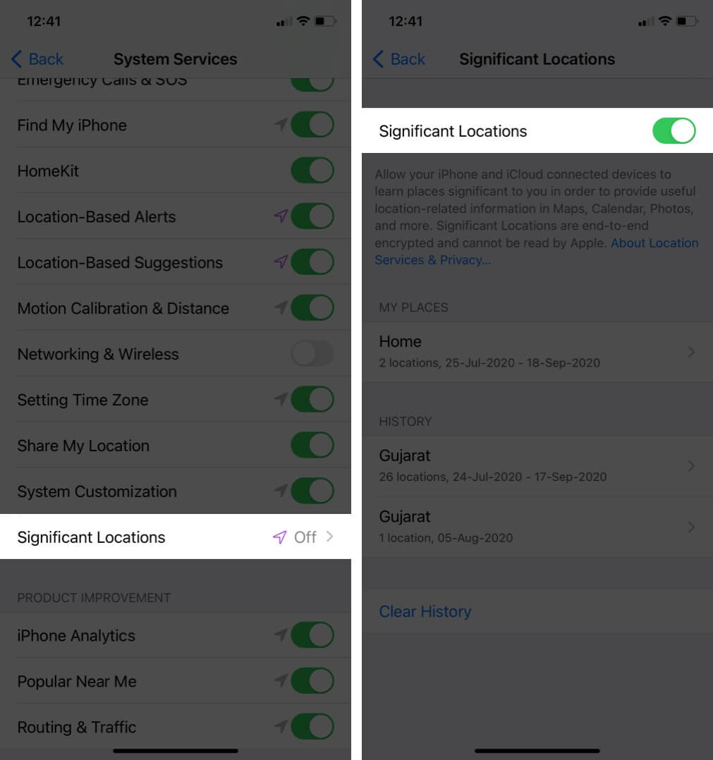 turn on significant locations in settings on iphone