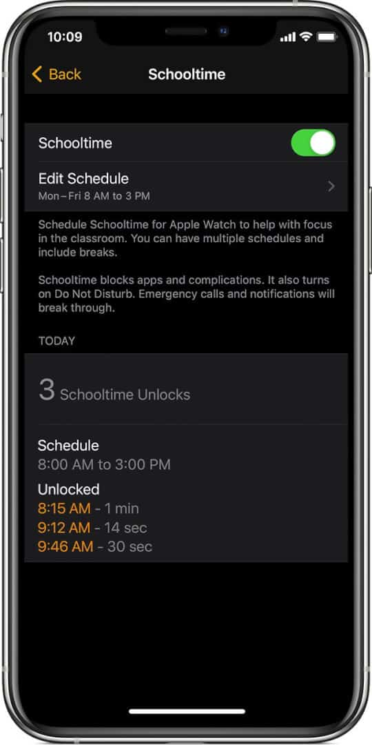 view schooltime report in watch app on iphone