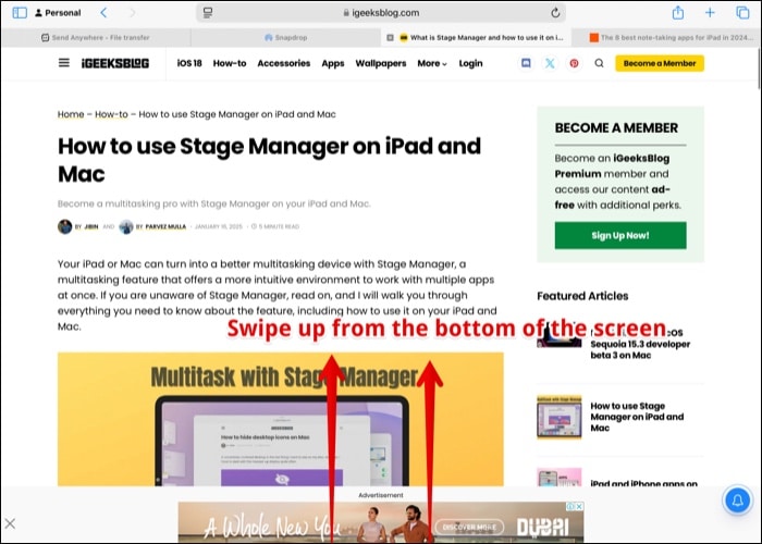 Cara menggunakan iPad Dock iPadOS 18 Leret ke atas dari bahagian bawah skrin untuk mengakses Dok iPad