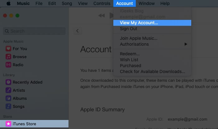 Choose iTunes Store in Music App Select on Account from Top Menubar and Then Click on View My Account on Mac